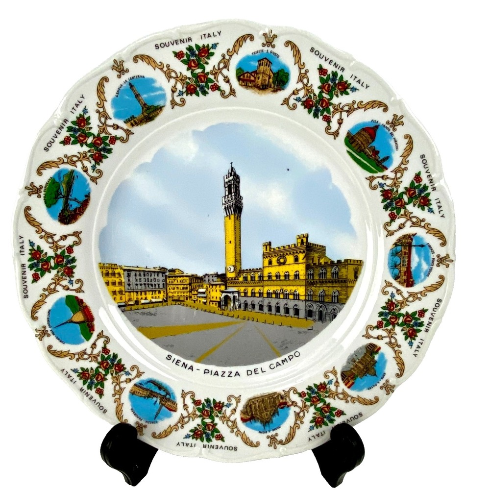 Italy Souvenir Plate Siena - Piazza del Campo Vintage 80s Porcelain 9.75"